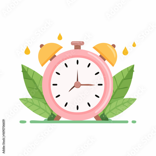 Pink alarm clock illustration with leaves and water droplets, symbolizing morning routine and time management