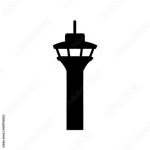 Black silhouette of an airport traffic control tower on a white background