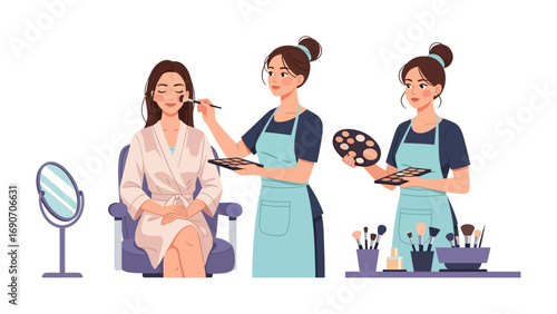Two professional makeup artists applying cosmetics to a woman sitting in a chair with a mirror and makeup brushes displayed