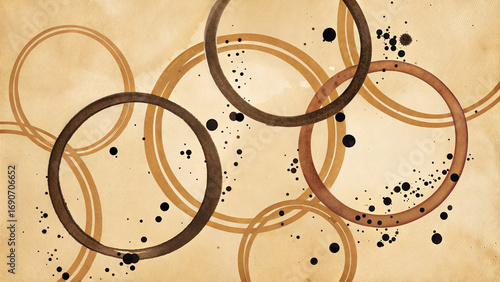 Vintage Coffee Stain and Black Ink Blot Background on Textured Off-White Paper