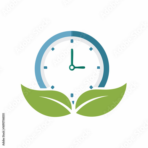 A crisp vector icon illustration depicting a clock harmoniously placed with green leaves, symbolizing sustainable time, environmental stewardship, and natural growth for efficiency