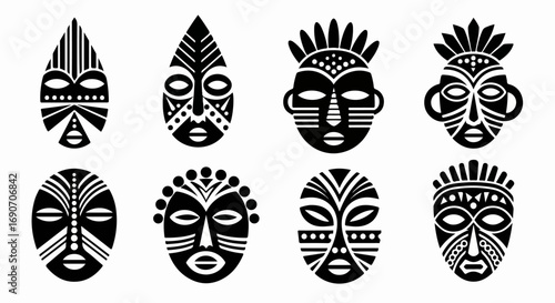 Collection of Eight African Tribal Masks in Black and White.