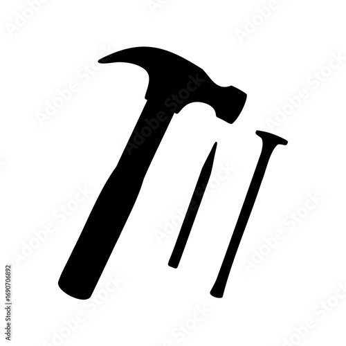 Silhouette of hammer and nails against a plain white background design element