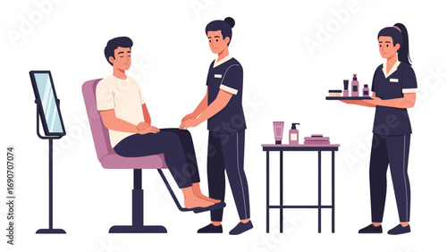 Young man receiving a professional haircut and styling service from a skilled barber in a modern salon with beauty products displayed on a table