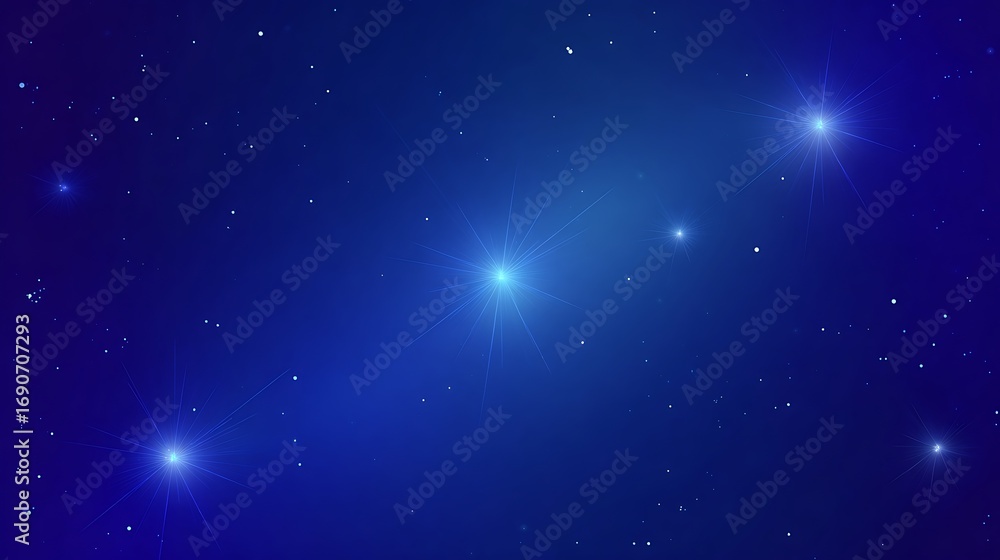 Fototapeta premium Deep blue vector background featuring glowing neon stars and subtle decorative blur. Clean and simple star-themed design for web and landing pages.