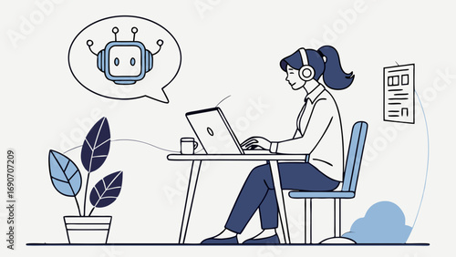 Woman working on laptop with AI chatbot concept illustration remote work online support digital assistance technology communication customer service freelance home office modern workspace business pr.