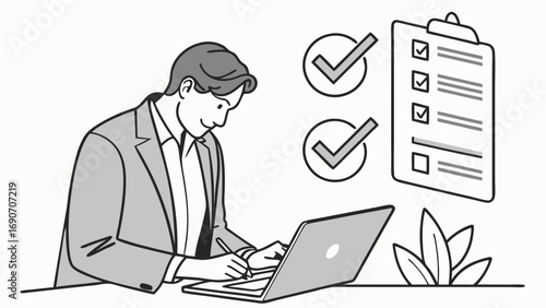 Working professional completing tasks on laptop with checklist illustration.