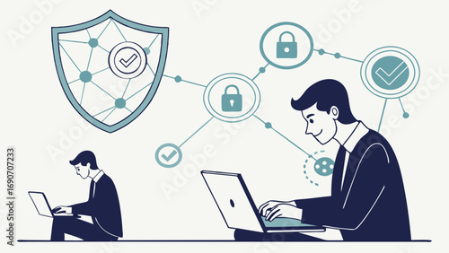 Secure Online Business Network Data Protection and Cyber Security Concept Illustration.