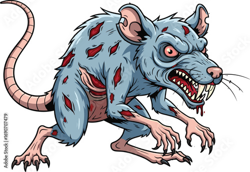 Menacing cartoon zombie rat illustration with glowing red eyes and sharp fangs, depicted in an aggressive monstrous pose