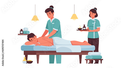 Two professional massage therapists providing a relaxing and therapeutic massage to a woman on a massage table in a tranquil spa setting