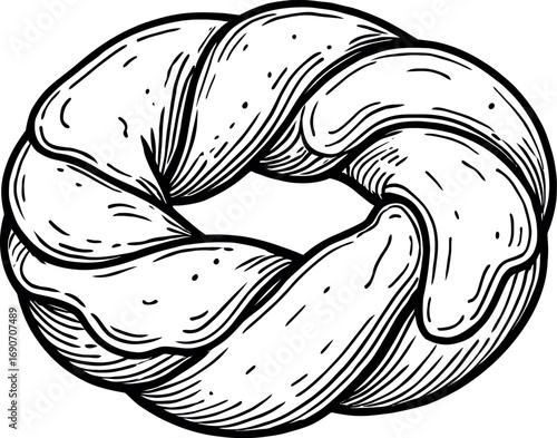 Detailed black and white illustration of a circular braided pastry ring, perfect for bakery or dessert themed designs. The image captures the texture and form of the pastry.