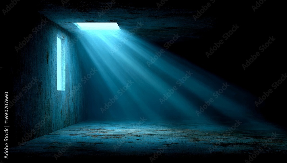 Obraz premium A desolate concrete space is bathed in an eerie blue glow, with vibrant rays streaming in through the window to craft a somber and enigmatic ambiance, evoking notions of hope, confinement,