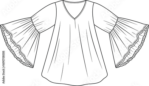 Boho bell sleeve blouse, V-neck tunic top, women's fashion CAD drawing, trendy ruffle sleeve shirt vector illustration
