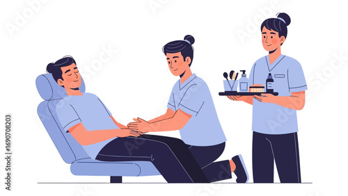 A relaxing spa treatment with a male client receiving a hand massage from a therapist while another therapist holds a tray of beauty products and tools