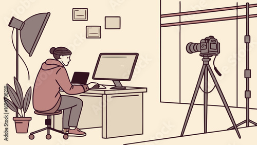 Studio Setup with Person Working on Computer and Camera on Tripod.