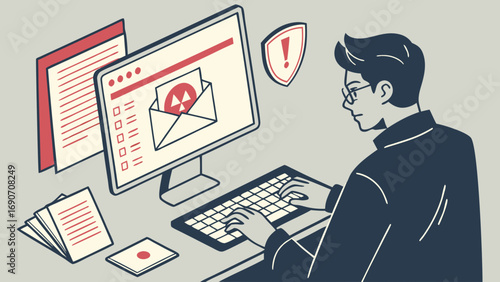 Suspicious Email Alert Person Working on Computer Cybersecurity Threat Illustration.