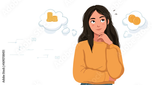 Wallpaper Mural A young woman wearing a yellow sweater ponders her financial options. Thought bubbles show coins and stacks of money, highlighting her financial considerations. Torontodigital.ca