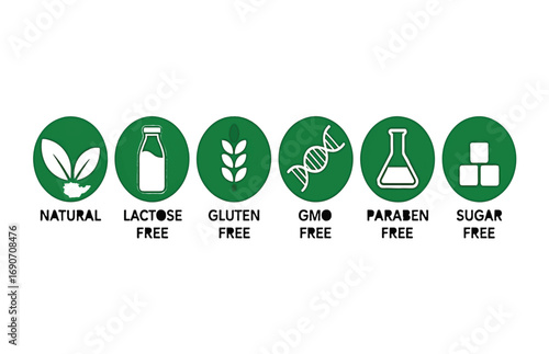 Six Essential Product Label Icons Natural, Dairy-Free, Gluten-Free, GMO-Free, Paraben-Free, Sugar-Free