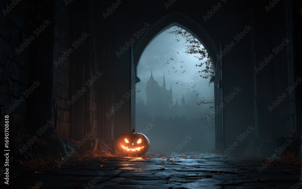 Fototapeta premium A pumpkin with a smiley face is sitting on the ground in front of a castle