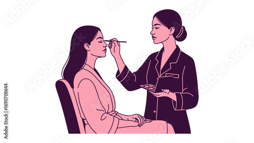 Young woman applying makeup to another woman s face with a brush in a professional beauty salon setting