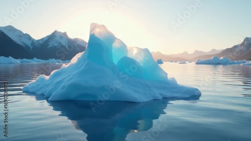 CGI Iceberg formation in serene waters near mountainous landscape at sunrise