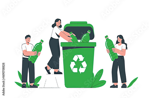 People recycling plastic bottles into a green bin with a recycle symbol