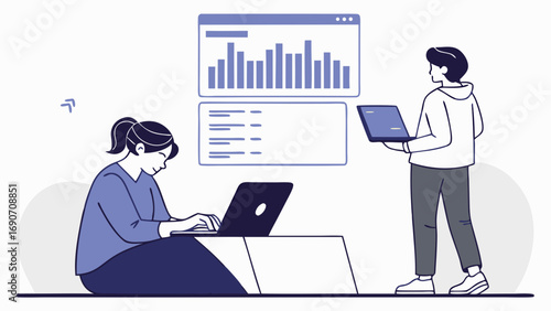 Teamwork data analysis business collaboration laptop computers charts and graphs modern office professional work colleagues working together digital marketing technology illustration website design o.