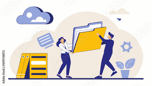 Teamwork Collaboration File Sharing Data Transfer Business Office Document Management Cloud Storage Workflow Project Partnership Cooperation Information Technology Digital Modern Graphic Design Illus.