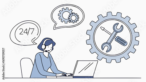 Technical Support Agent 247 Assistance Customer Service Online Help Gear Icons Laptop Headset Workflow Problem Solving Online Support Help Desk Technical Assistance IT Support Computer Repair Mainten.