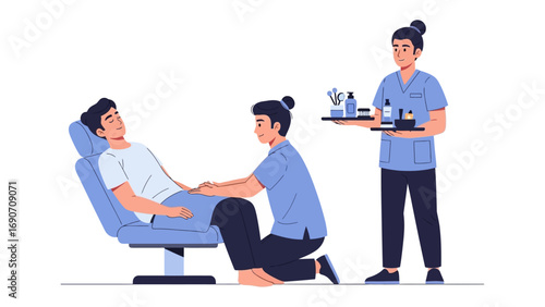 A healthcare professional gently examines a patient reclining in a comfortable chair while another professional holds a tray with medical supplies