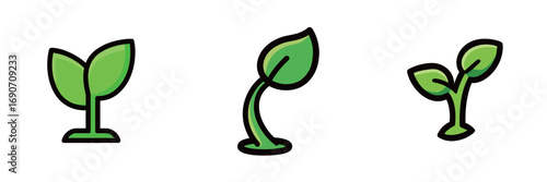 Three distinct plant seedlings are displayed, showcasing varied growth stages. The designs feature clean lines and bright green colors, emphasizing new life and growth.