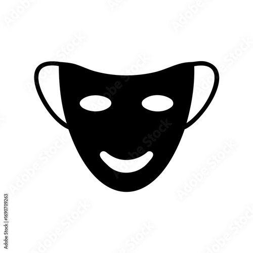 Black silhouette illustration of a theatrical smiling mask perfect for web design
