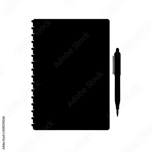 Black notebook with spiral binding and a ballpoint pen, minimalist illustration