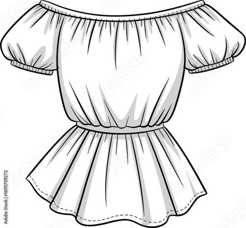 CAD drawing flat vector illustration of off-shoulder peplum top with puff sleeves, elastic neckline, waist, ruffle hem design