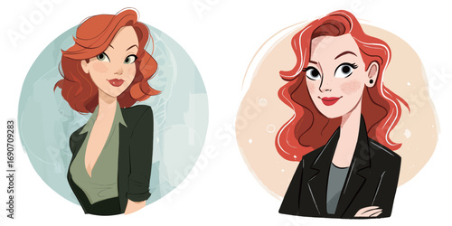 Two creative illustrations feature a woman with striking red hair. One portrays her in a relaxed pose, while the other shows her with a confident demeanor. Both styles highlight her unique character.