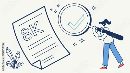 Verification of 8K Document with Magnifying Glass Illustration.