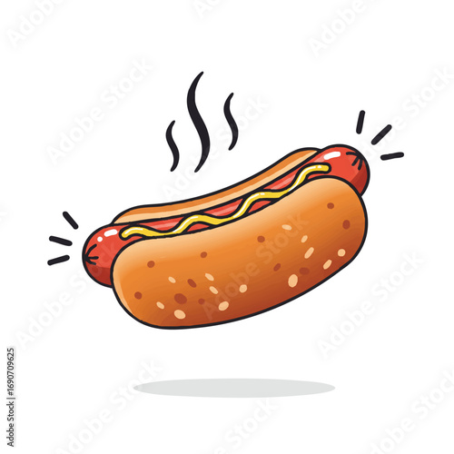A fresh and appealing hotdog, illustrated as a playful 2D flat vector with smooth, unoutlined shapes, floats with abstract steam lines rising on a clean white background.
