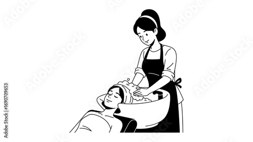 Stylist washing a client s hair in a salon sink with a towel and water in a black and white illustration