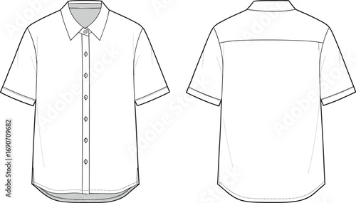 CAD drawing flat vector illustration of short sleeve button-up shirt with classic collar, front button placket, curved hem, back yoke, casual shirt design template