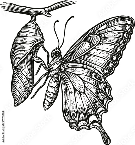 Detailed line art illustration depicts a butterfly emerging from its pupa, hanging on a branch, highlighting its transformation in nature.