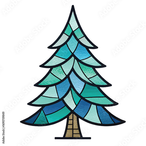 Teal and Blue Stained Glass Christmas Tree; Festive Winter Holiday Design Element; Modern Minimalist Style.