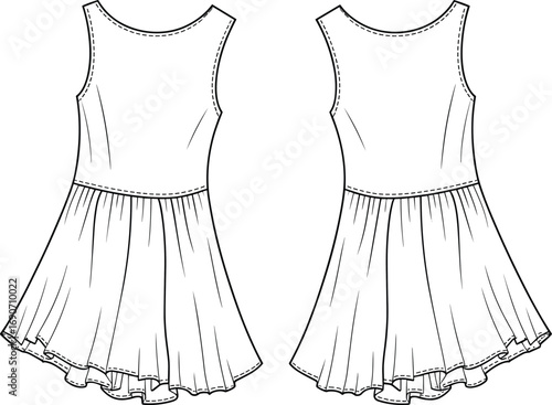 CAD drawing flat vector illustration of sleeveless dress, flared skirt, casual wear, women’s fashion, summer dress, clothing design, garment pattern