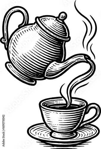 Detailed black and white line art illustration of a teapot pouring hot steaming liquid into a cup with a saucer, evokes a vintage, comforting beverage theme.