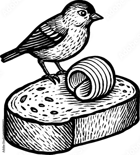 A detailed sketch illustration shows a bird perched on a slice of bread with a curl of butter, rendered in black and white.