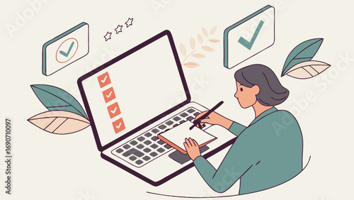 Woman working on laptop taking notes checklist planning project management goal setting to-do list success productivity business concept illustration.