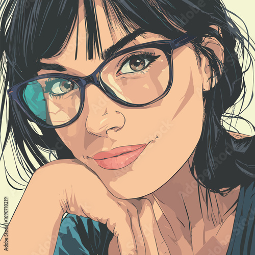 A young woman with dark hair and glasses smiles gently while resting her chin on her hand. Her expression conveys warmth and confidence, framed by soft lighting and simple background.