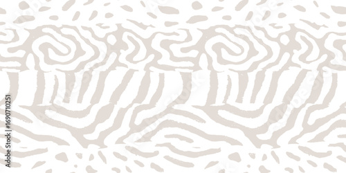 Animal print. Vector seamless pattern. Subtle white and beige background with mixed abstract wildlife fur, spots, stripes, organic shapes. Leopard, zebra, tiger, reptile skin texture. Allover design