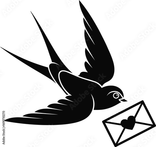 Swallow Delivering Heartfelt Message Black Silhouette Bird Carrying Envelope Symbolism Graphic