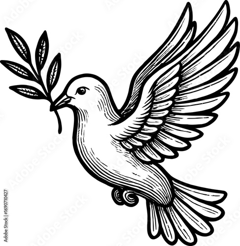 A black and white engraving of a dove flying with an olive branch in its beak, symbolizing peace and serenity with detailed linework.