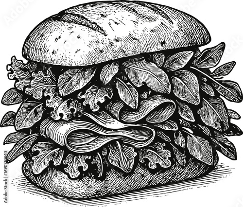 An engraved illustration of a sandwich with abundant fresh lettuce and sliced meat, set against a clean white background. A vintage style design for culinary projects.